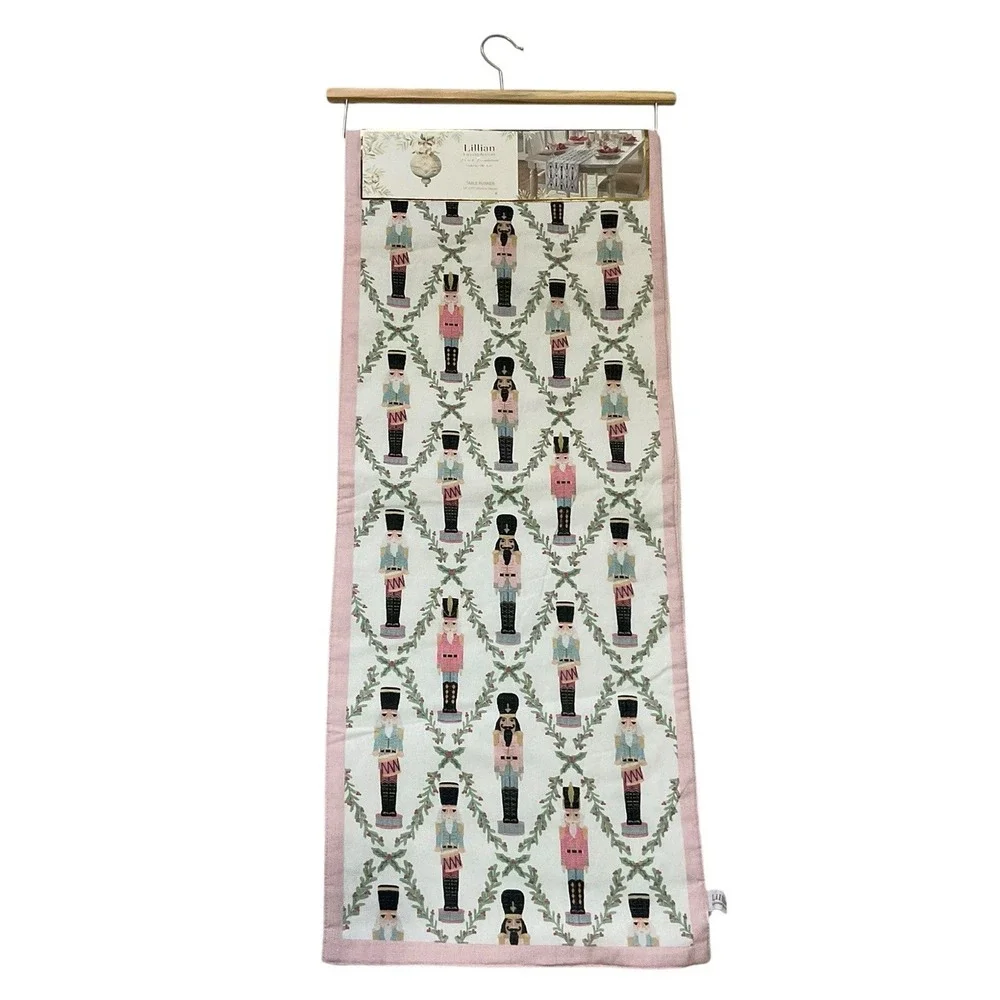 Lillian August Christmas Table Runner Nutcracker Drummer Boy Pink Border New